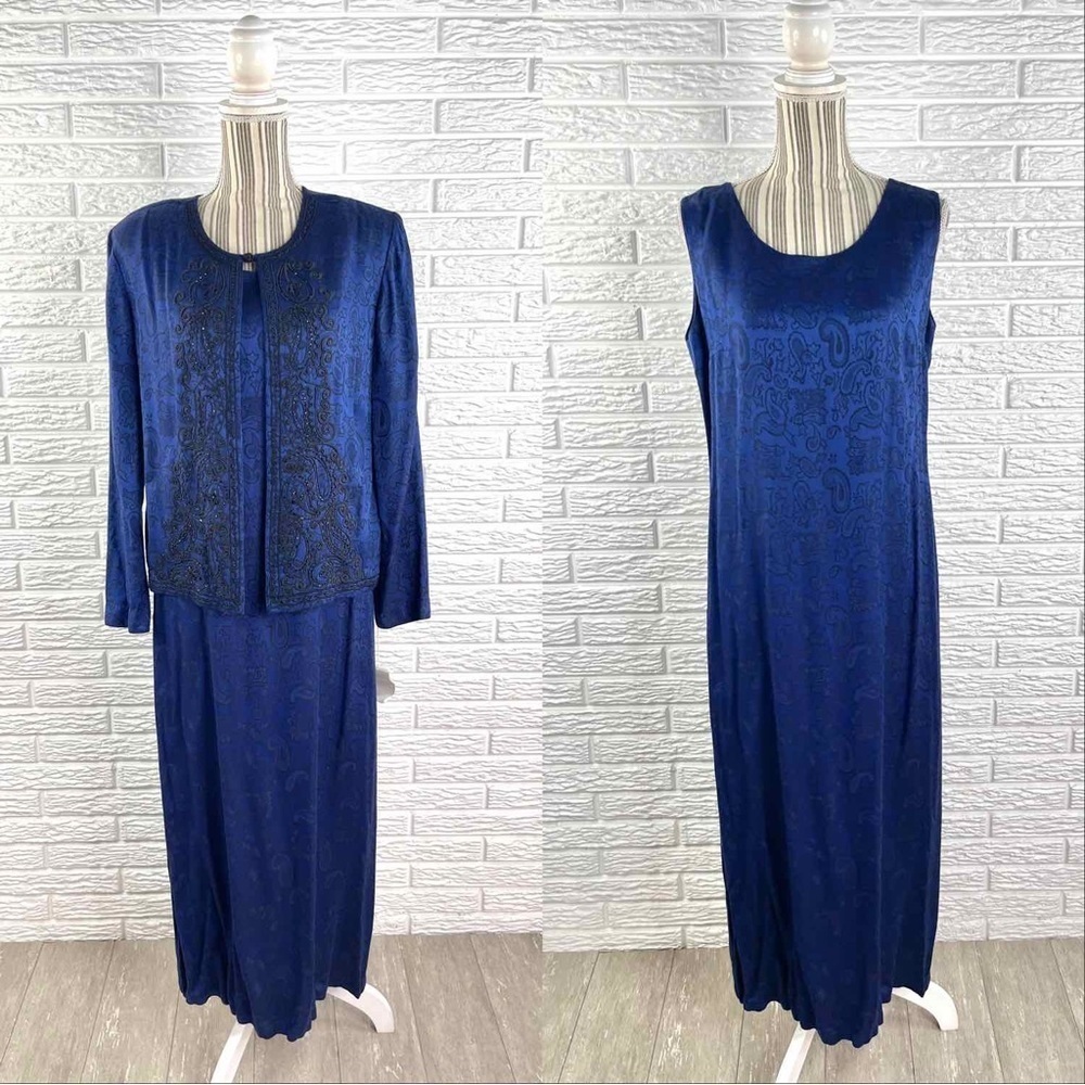 Vtg Sarah Elizabeth Royal Blue & Black Embroidered Beaded Dress Jacket Set Sz 12 - Picture 1 of 9